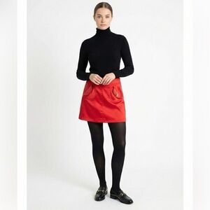 TATYANA Festive Red Poly Blend Satin Faux Leather Pocket Flaps Lined Skirt L